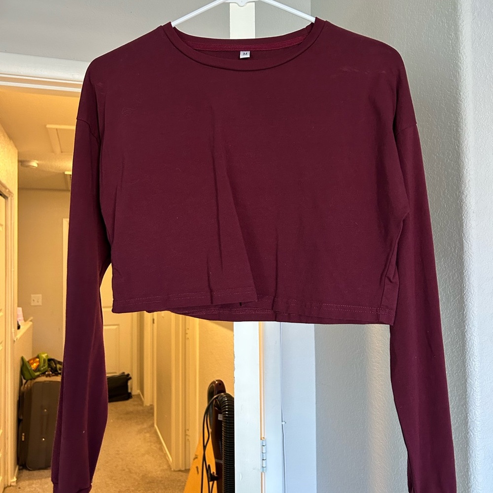 Red Long Sleeve Crop Top with Crew Neck